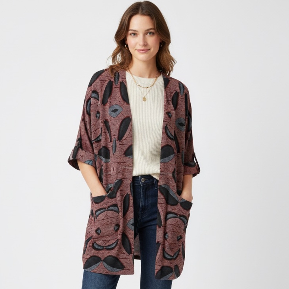 Essentiel Antwerp Oversized Kimono Cardigan Red Black Leaf Print Size 36 Boho